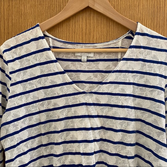 LUCKY BRAND • Semi Sheer Lace Look Striped Top - Size L - Picture 5 of 16